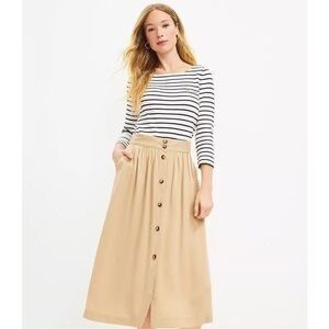 LOFT Tan Khaki Button-Front Midi Skirt Size 6